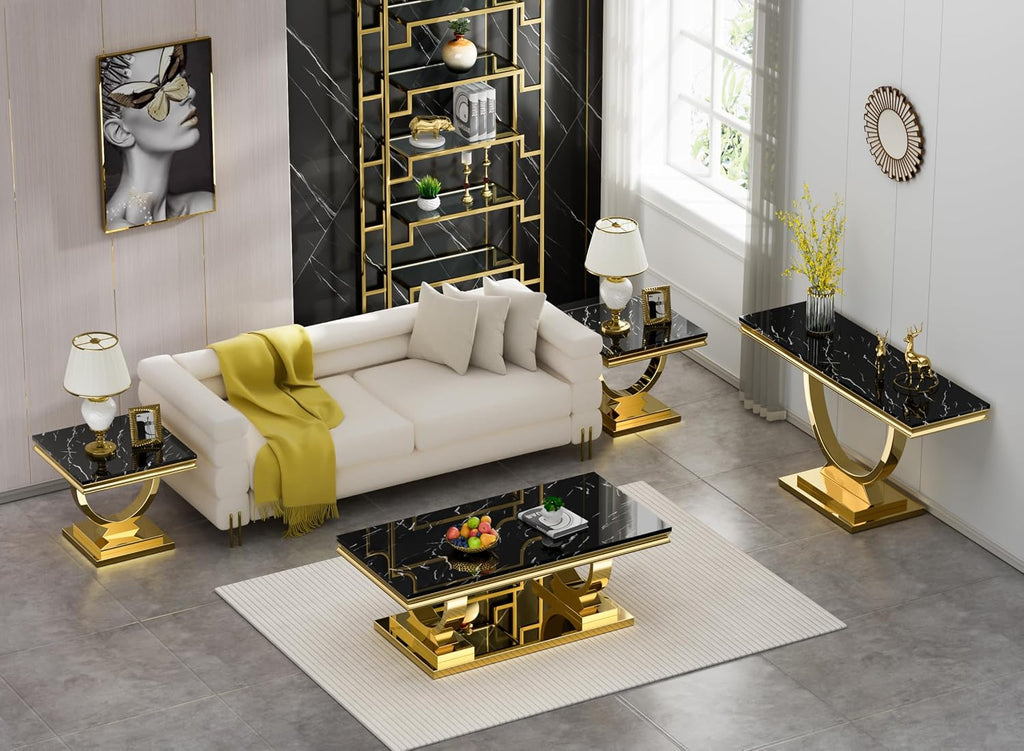 Henf 4 Piece Modern Living Room Table Set, Black & Gold Faux Marble Coffee Table & Console Table & 2 End Tables, Luxury Stainless Steel Base