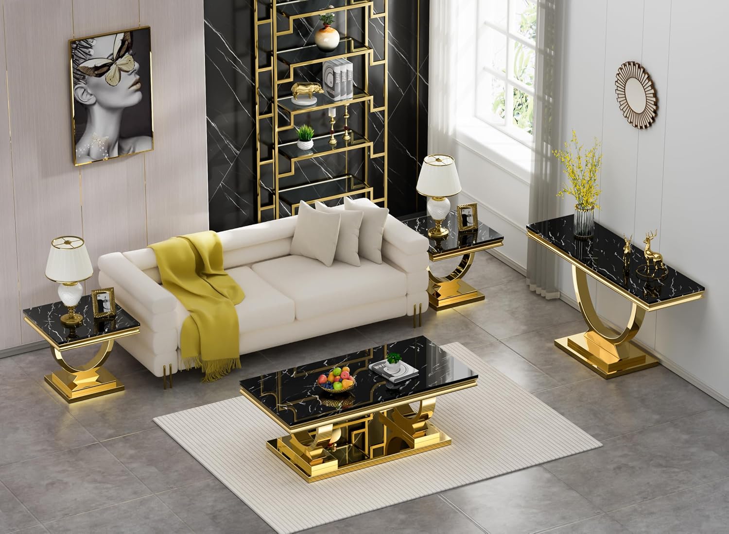 Henf 4 Piece Modern Living Room Table Set, Black & Gold Faux Marble Coffee Table & Console Table & 2 End Tables, Luxury Stainless Steel Base