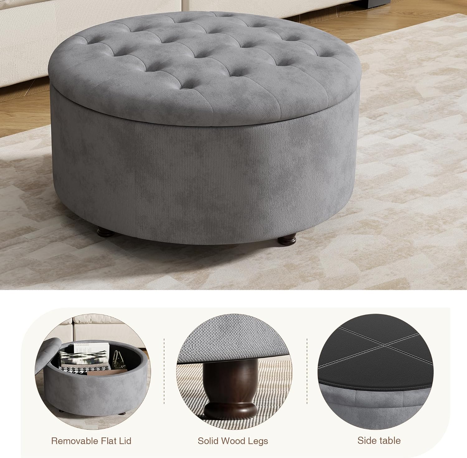 30 Inch Round Storage Ottoman,Modern Tufted Ottomans,Circular Coffee Table with Removable Top,Upholstered Large Ottoman with Storage Footrest Stool for Bedroom Living Room (LIGHTGREY)