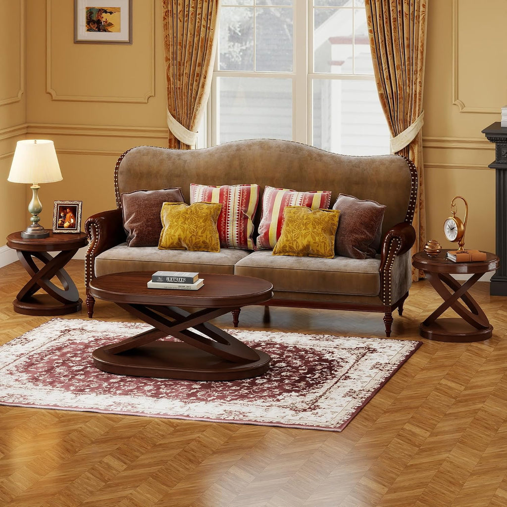 LKTART Round Wood End Tables for Living Room 22 Inch, X-Shaped Walnut Small Sofa Side Table, Vintage End Table for Small Space, Easy to Install(Walnut,22 Inch)