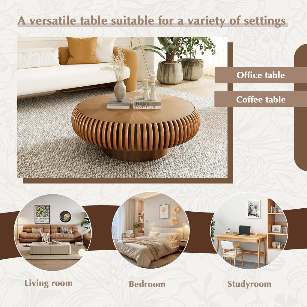 Round Drum Coffee Table Modern Coffee Tables Fluted Coffee Table Circle Center Table Pedestal End Table for for Living Room Bedroom(Brown 39.4in)
