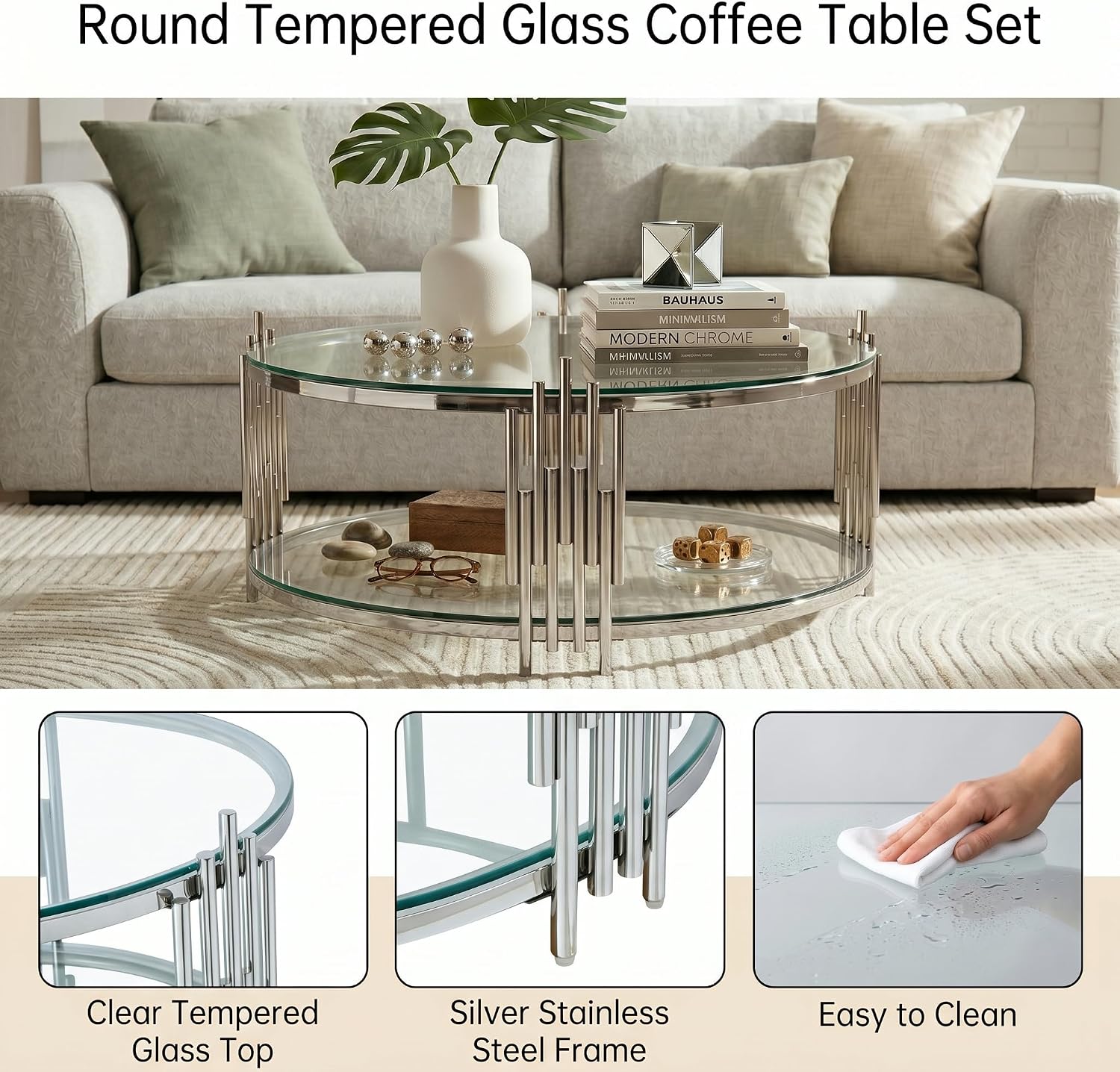 31.5' Round Glass Coffee Table 2-Tier Clear Storage Coffee Table with Silver Irregular Stainless Steel Leg, Modern Circle Glass Tea Center Tables for Living Room Home Apartment Office