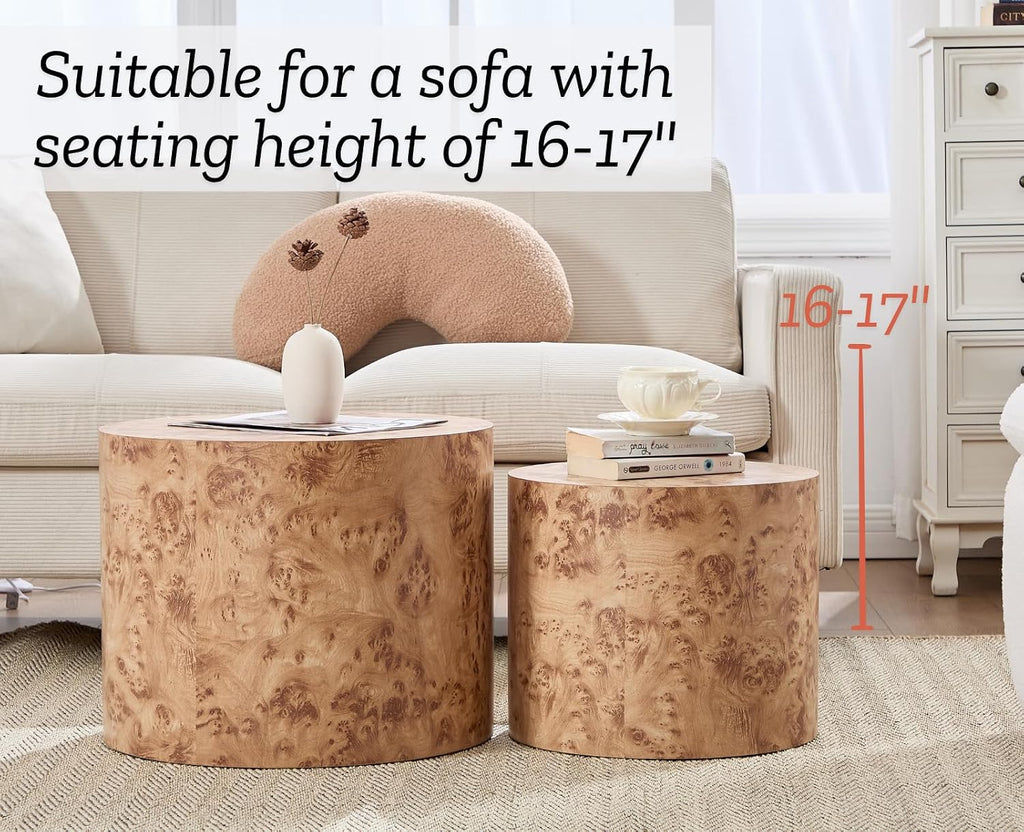EALSON Nesting Coffee Tables Set of 2 Farmhouse Small Round End Tables Modern Wood Circle Side Table Drum Table for Living Room Small Spaces Bedroom Balcony, No Assembly, Natural Burl