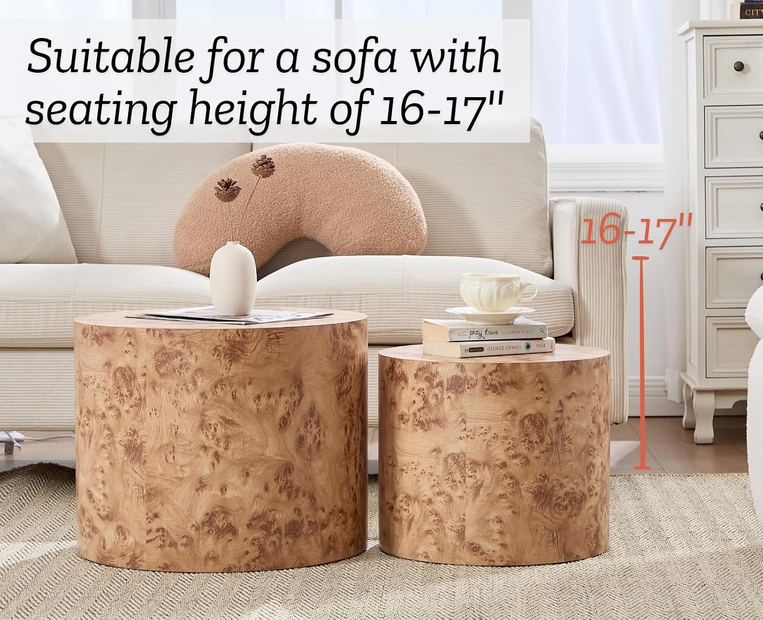 EALSON Nesting Coffee Tables Set of 2 Farmhouse Small Round End Tables Modern Wood Circle Side Table Drum Table for Living Room Small Spaces Bedroom Balcony, No Assembly, Natural Burl