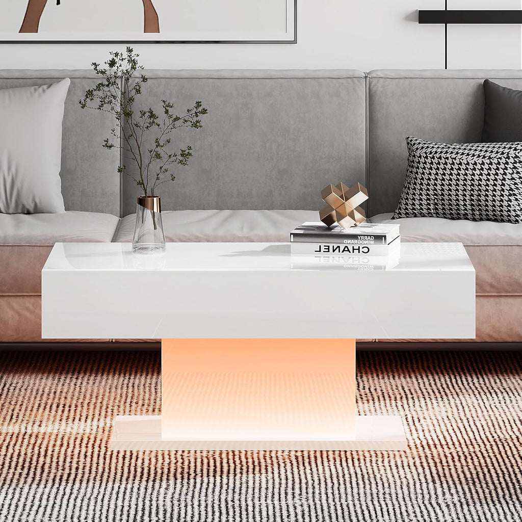 HedoAjim Led Coffee Table for Living Room, Living Room Table Rectangular Center Table, Modern High Glossy Wooden Coffee Tables with 16 Colors LED Lights for Dining Reception Room, White