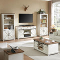 AMERLIFE TV Stand with Set of 2 Bookcases and Coffee Table, Farmhouse Entertainment Center for 65 Inch Television with Sliding Barn Doors & Storage Drawers, for Living Room, Bedroom, Rustic White