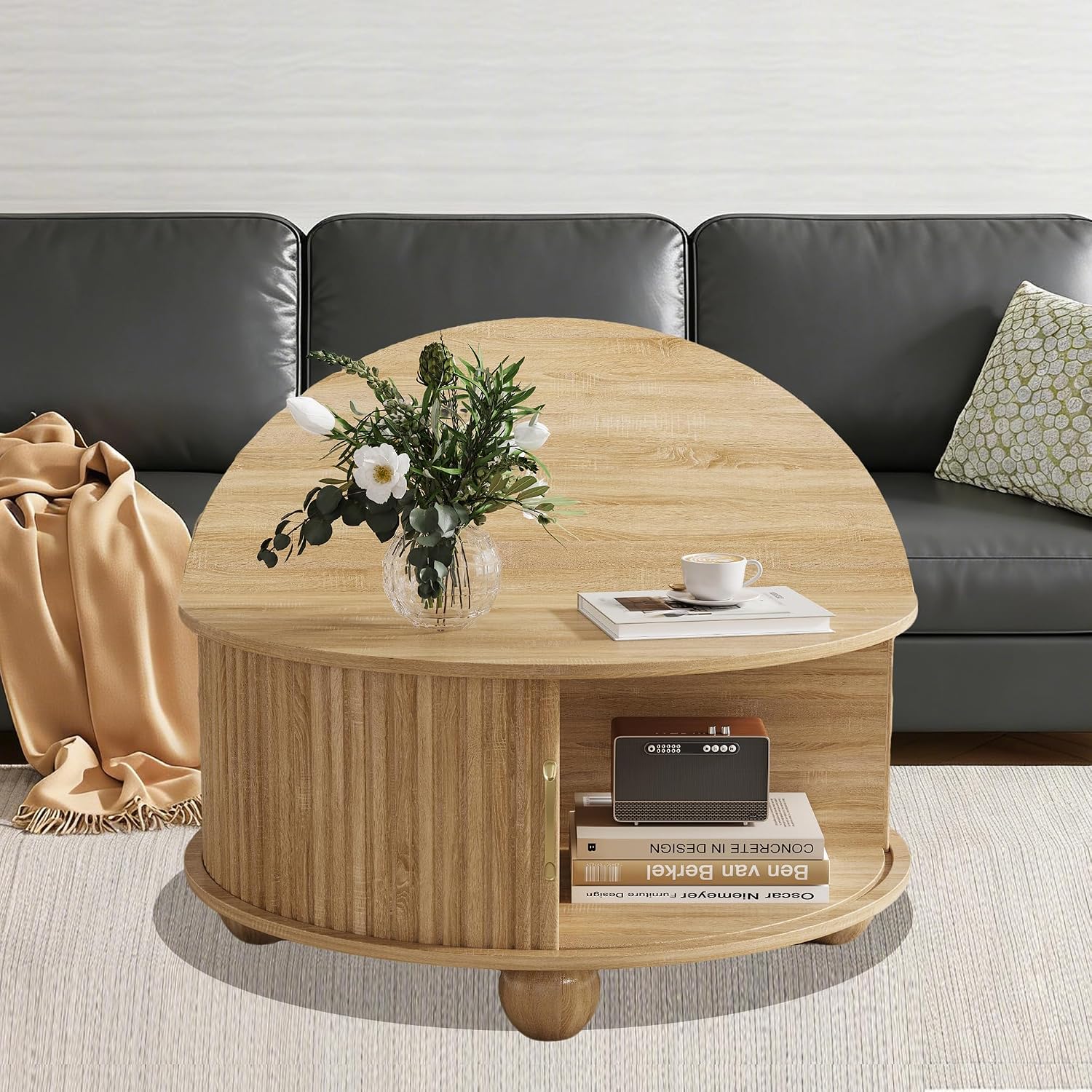 Round Coffee Table with Storage, Fluted Center Table with Sliding Tambour Door and Open Shelves, Mid Century Small Coffee Table for Living Room, Small Space, Natural