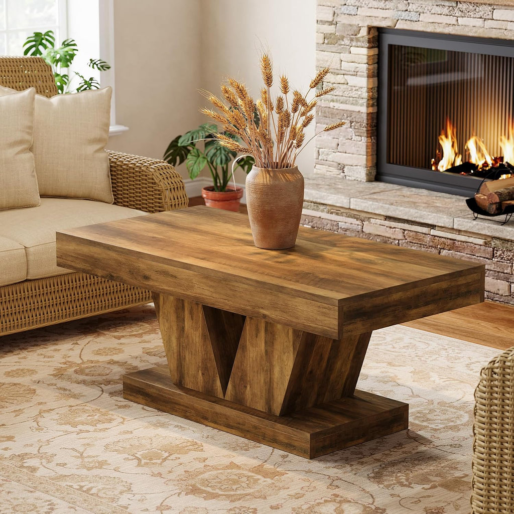 Tribesigns Farmhouse Rectangular Coffee Table, 47.2' Mid-Century Wooden Center Table with Thick Sculptural Base, Modern Rustic Accent Furniture for Living Room, Rustic Brown