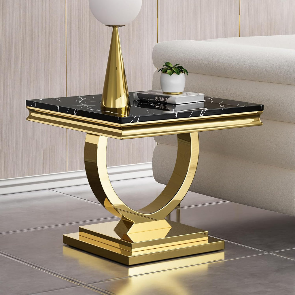 2 Piece Living Room Table Set, Modern Faux Marble Coffee & End Table Set for Living Room Apartment, Mirrored Stainless Steel Base, Imitation Marble Tabletop (Black & Gold)