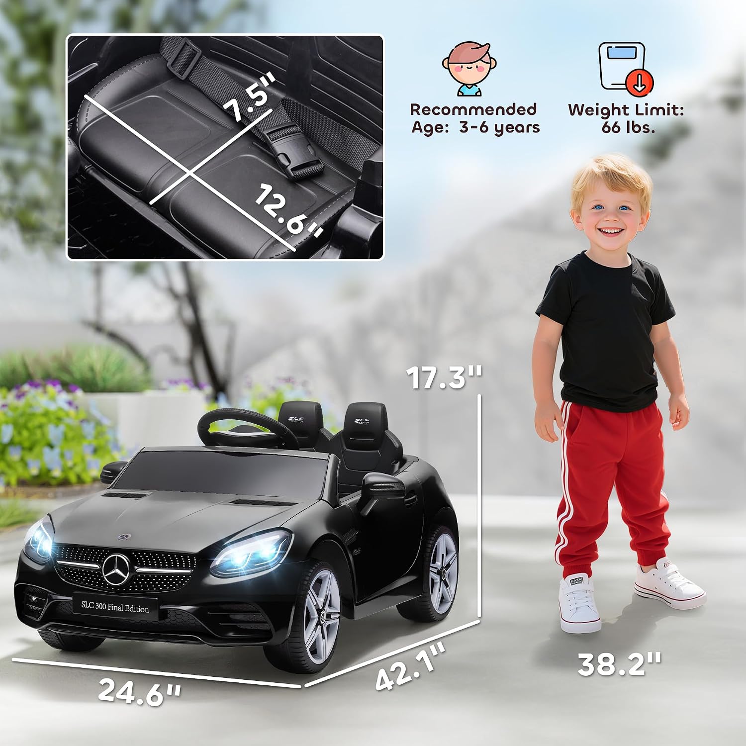 Aosom Mercedes SLC 300 Licensed 12V Ride On Car for Kids with Remote Control, 2 Speeds, Battery Powered Kids Electric Car with Music, Lights, Suspension for 3-6 Years Old, Black
