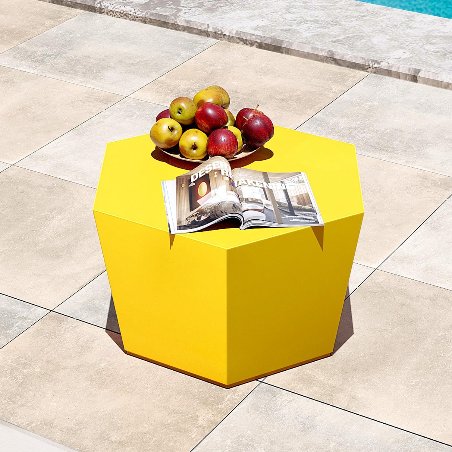 Patio Watcher 28' Modern Hexagon Coffee Table, Light Concrete Textured Center Table for Living Room, Accent Coffee Tea Table for Apartment, 28'×24'×15', No Assembly, Lemon Yellow