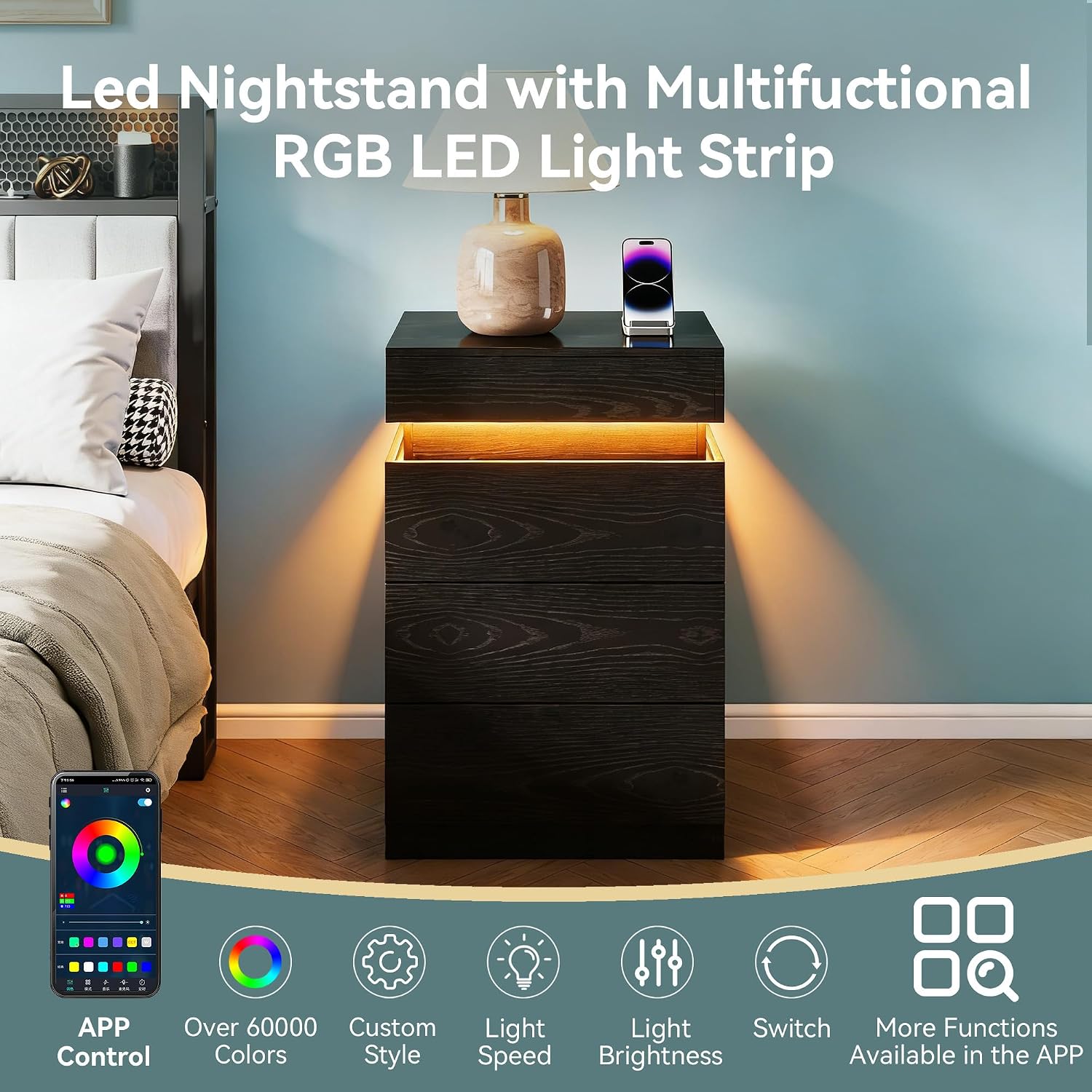 Black Nightstand with Charging Station and LED Light,27'' Tall Night Stand with Sliding Top for Bedroom, Bedside Table with 3 Drawers, Modern End Side Table for Living Room