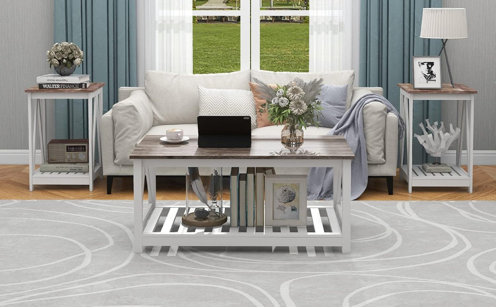 Farmhouse Coffee Table and End Table Set, Oak Grey Wooden Living Room Furniture with Slats Base, Oak Grey