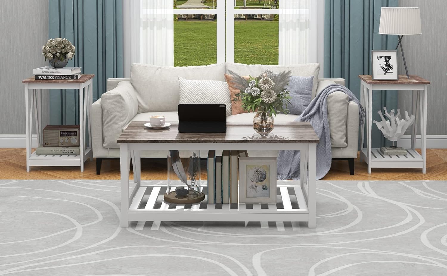 Farmhouse Coffee Table and End Table Set, Oak Grey Wooden Living Room Furniture with Slats Base, Oak Grey