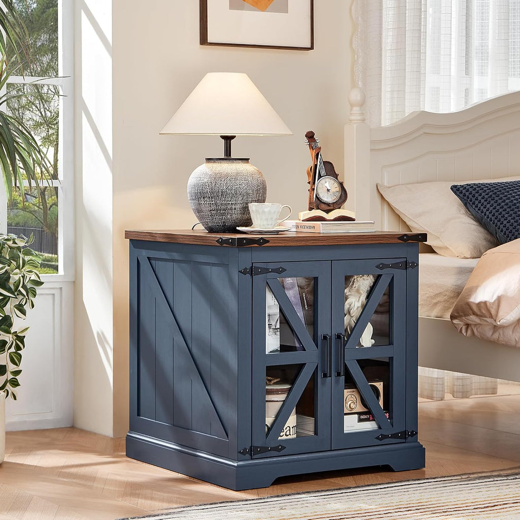 Joaxswe 24' End Table with Charging Station, Farmhouse Night Stand with Glass Barn Door, White Nightstands with Adjustable Storage Shelf, Large Wood Square Bed Side Table for Living Room,Bedroom