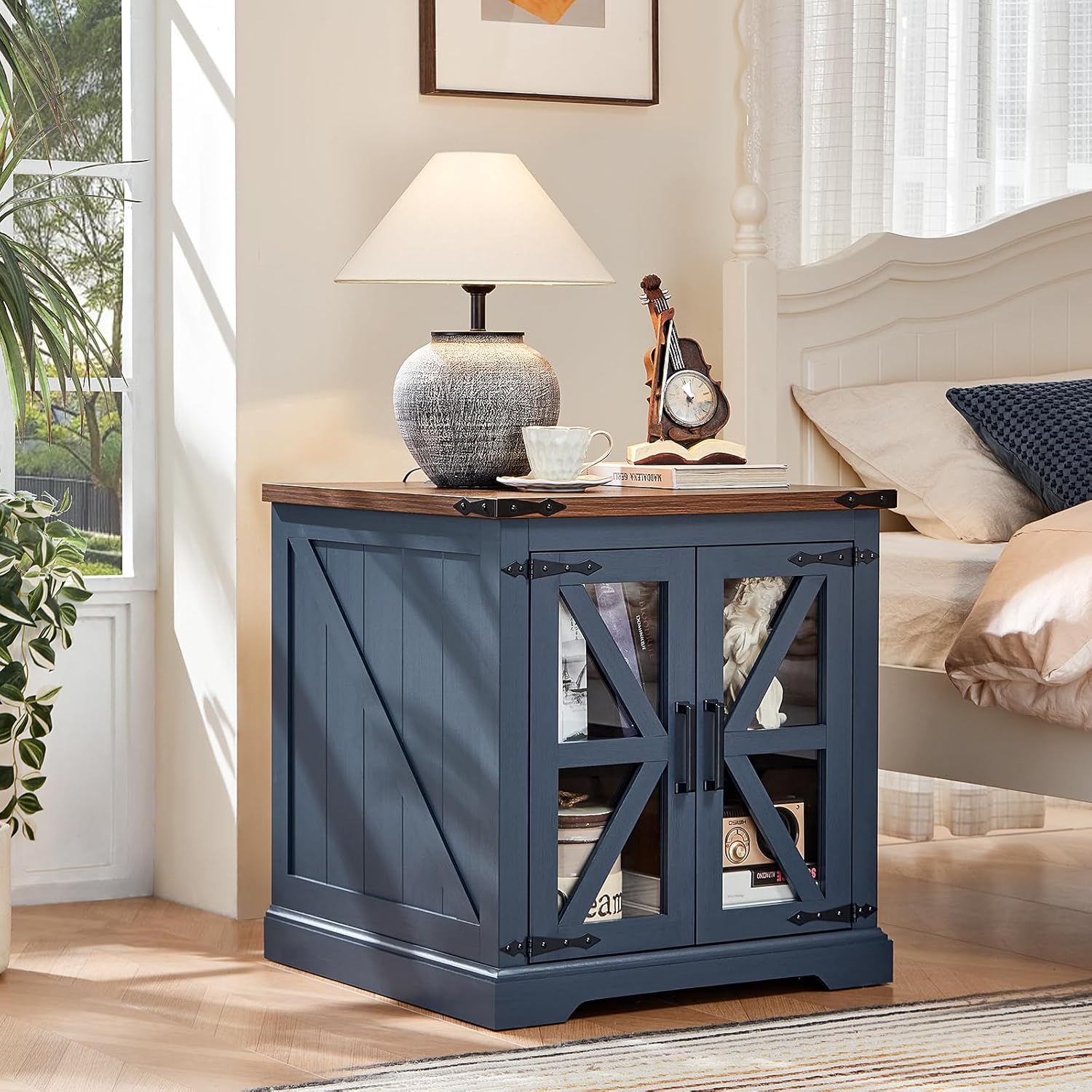 Farmhouse End Table Set of 2 with Charging Station, 24' Large Sofa Side Table with Glass Barn Door, Night Stand with Adjustable Shelf, Wood Nightstand, Square Bed Side Table for Living Room,Bedroom