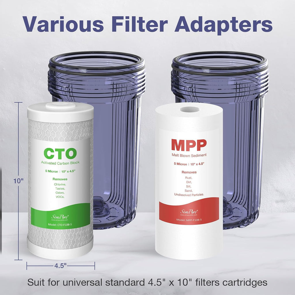 SimPure Whole House Water Filter System, 2 Stages Clear 10' x 4.5' Home Water Pre-Filtration with Carbon and Sediment Filters, Reduce Odor, Chlorine, Taste, Iron, 1' NPT Brass Port, BPA Free
