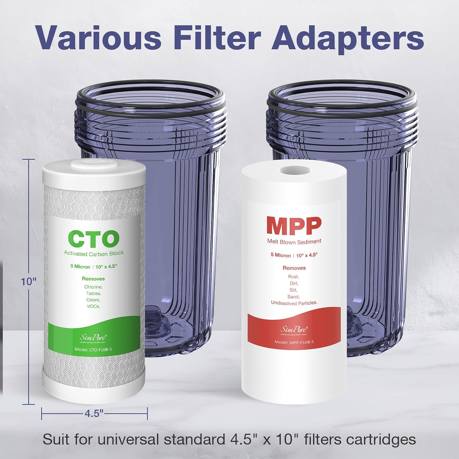SimPure Whole House Water Filter System, 2 Stages Clear 10' x 4.5' Home Water Pre-Filtration with Carbon and Sediment Filters, Reduce Odor, Chlorine, Taste, Iron, 1' NPT Brass Port, BPA Free