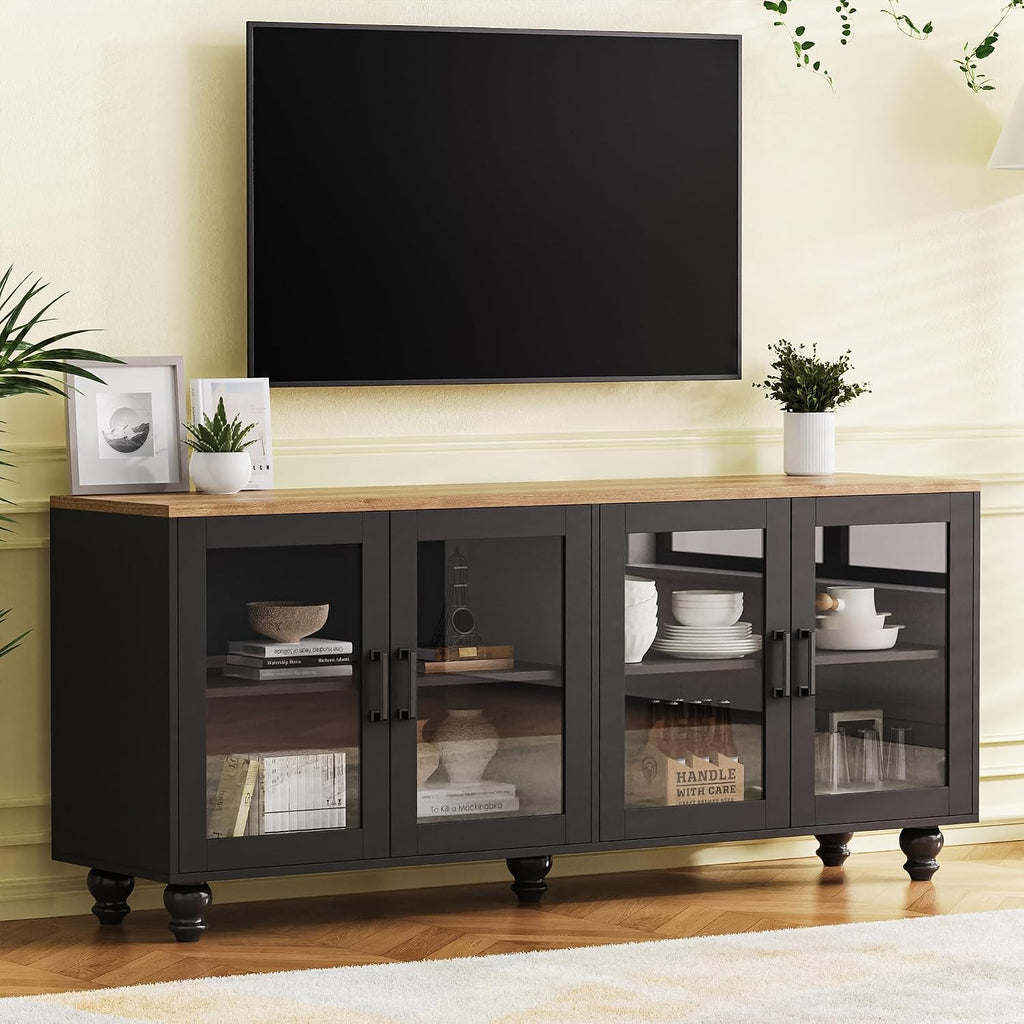 Ball & Cast Farmhouse TV Stand with Tempered Glass Doors for TVs up to 70',Sideboard Buffet w/5 Solid Wood Gourd-Shaped Legs & Adjustable Shelf,Entertainment Center for Living Room,Black+Natural