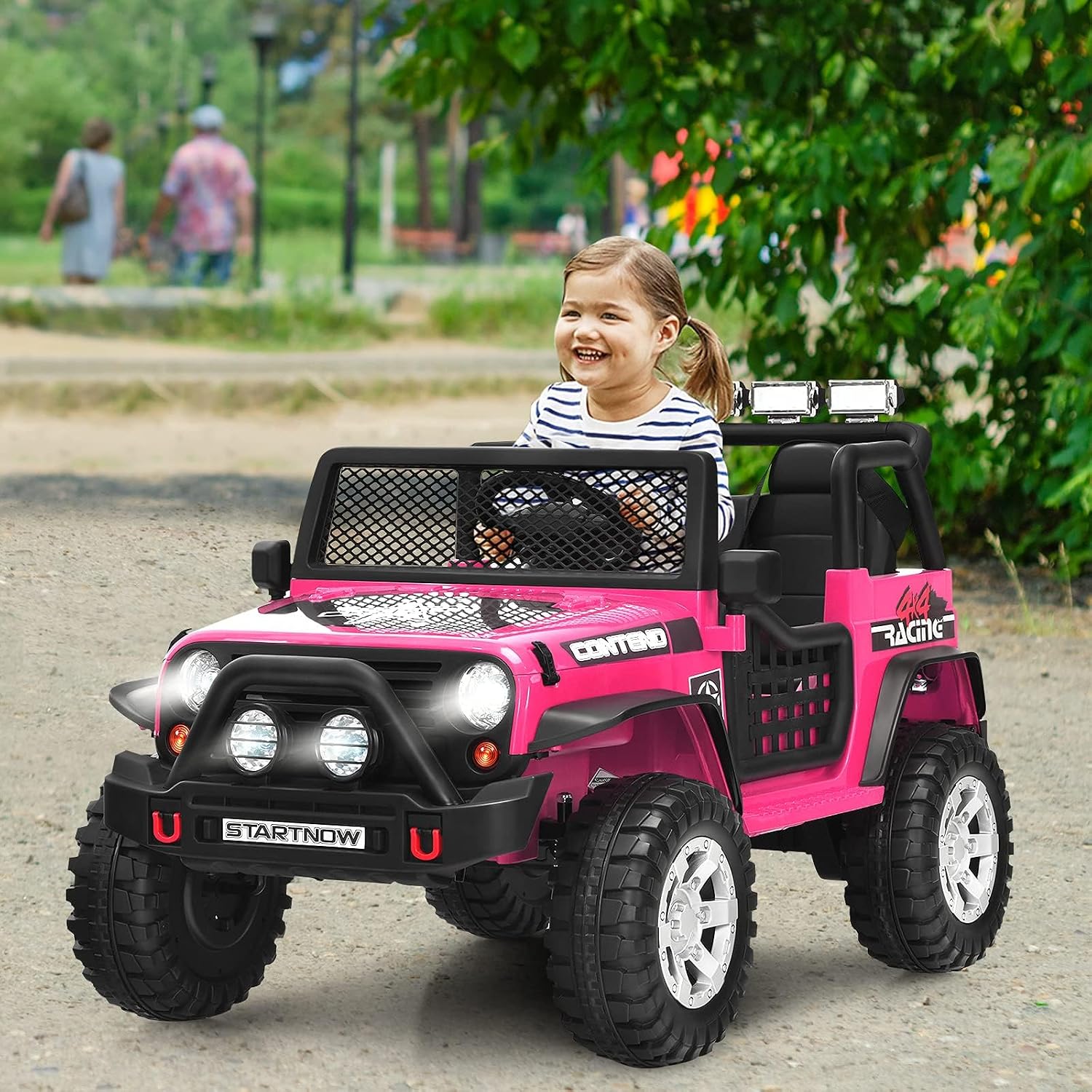 Costzon 2-Seater Ride on Truck, 12V Battery Powered Electric Vehicle w/Remote Control, 2 Speeds, Spring Suspension, LED Light, Horn, Music/ MP3, 2 Doors Open, Ride on Car for Kids (Pink)
