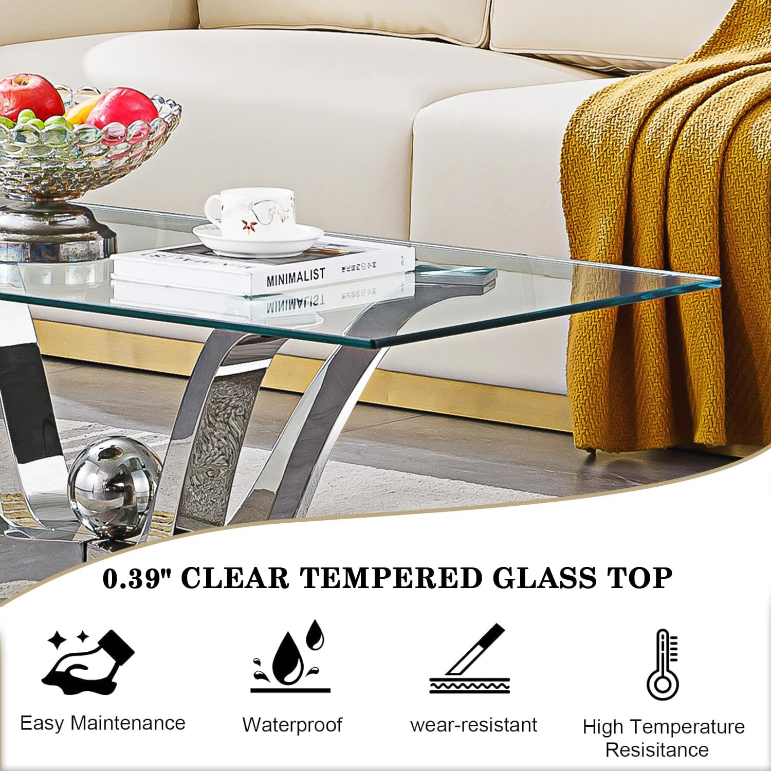 47' Glass Coffee Table, Modern Silver Cofee Table Living Room Table with Gorgeous Mirrored Stainless Steel Base,Luxury Rectangular Center Coffee Tables for Living Room,Apartment,Office