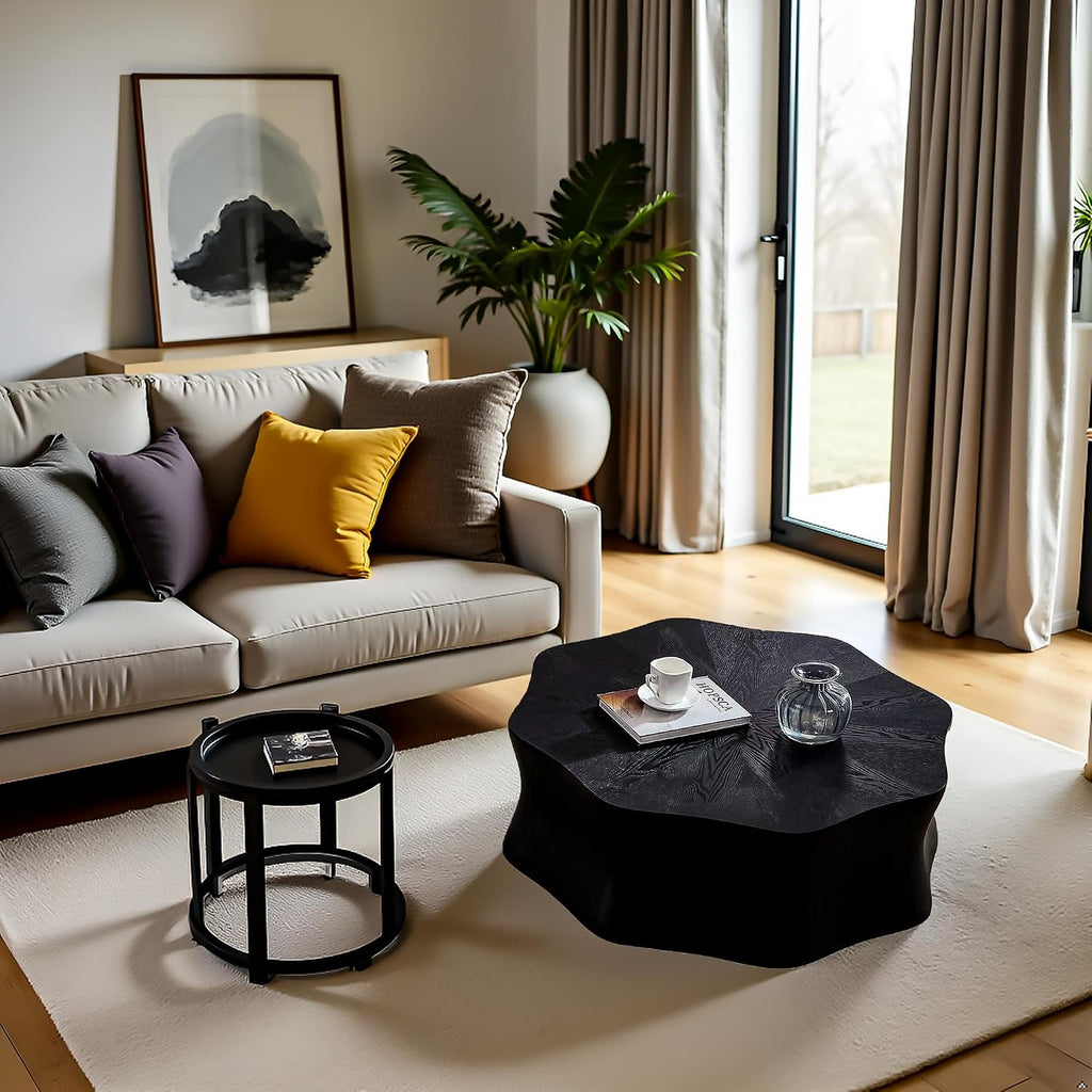 35.4' Square Coffee Table for Small Spaces, Black Flower Petal Design with Sturdy MDF Top, Low Profile Modern Minimalist Accent Center Table for Apartment, Lounge, Office