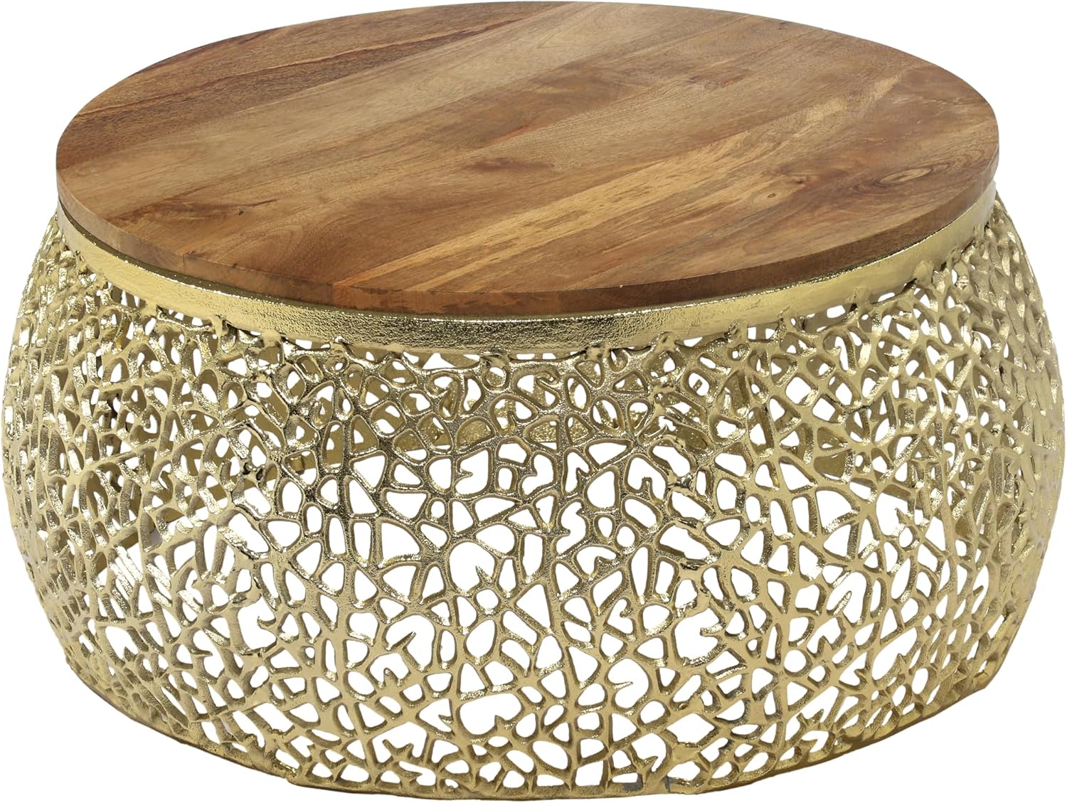 Christopher Knight Home Helast Aluminium Coffee Table with Round Mango Wooden Top, 27.5'' W Modern Indoor Accent Table for Living Room Bedroom Home Office, Abstract Hollow Frame, Gold