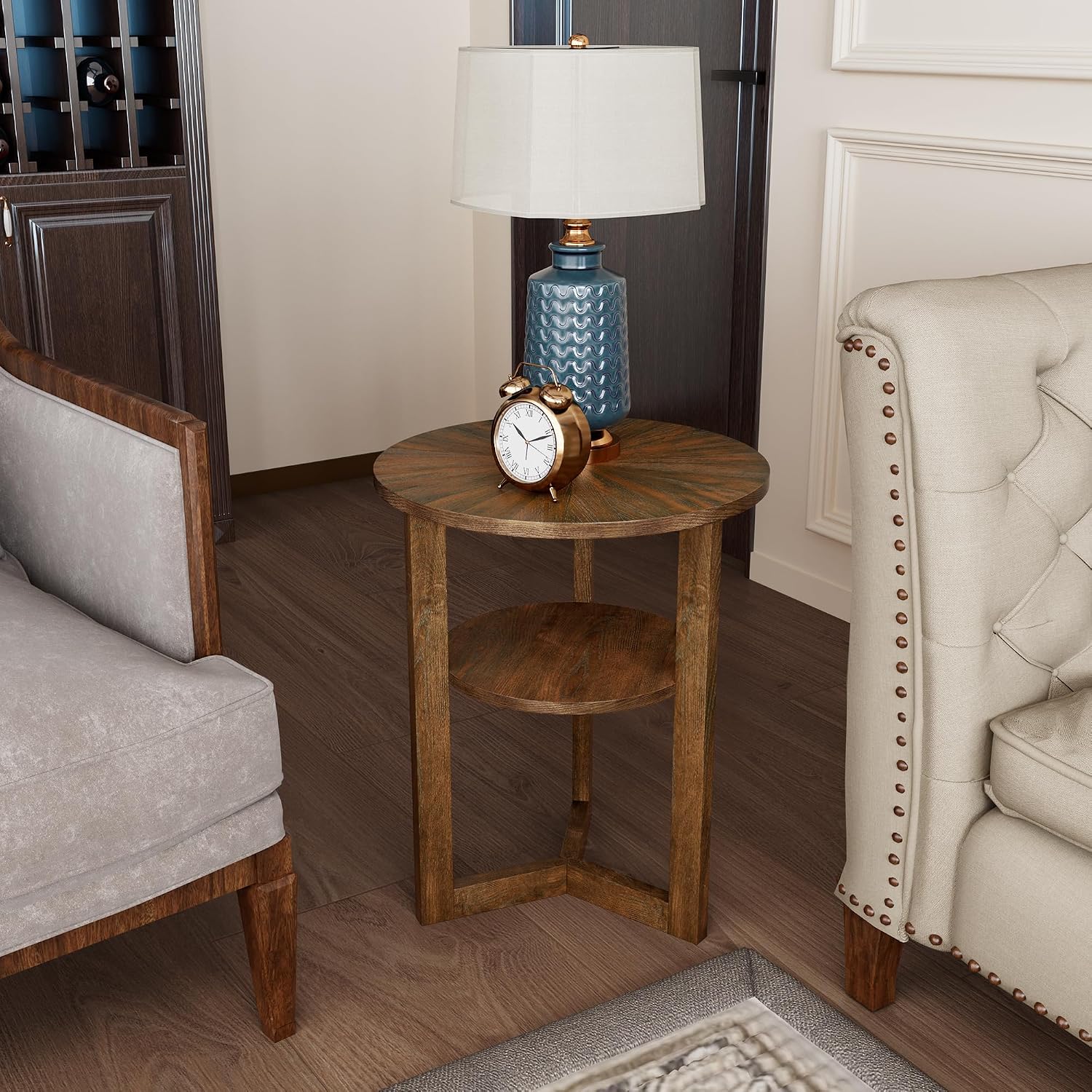 PADMA HOUSE 19.3' Round Wood End Table, 2-Tier Solid Wood Rounded Accent Side Table Circle Nightstand Table with Storage Shelf Vintage Furniture for Home Living Room Bedroom,Rustic Brown 3338NC