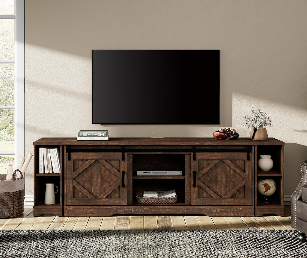 WAMPAT 3-in-1 Modern Farmhouse TV Stand for up to 95' TV, 25.6' H Wood Entertainment Center with Sliding Barn Door and Adjustable Media Storage Shelf for Living Room, Dark Walnut Brown