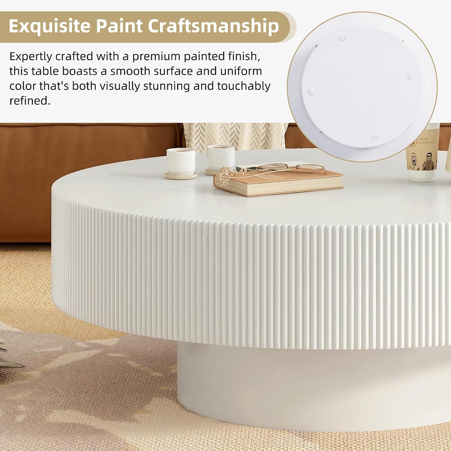 WILLIAMSPACE 31.5' White Round Coffee Table with 6.8' Thick Tabletop & Sturdy Base, Modern Drum Center Table Circle Accent Side Table for Living Room, Minimalist Fluted Design, White