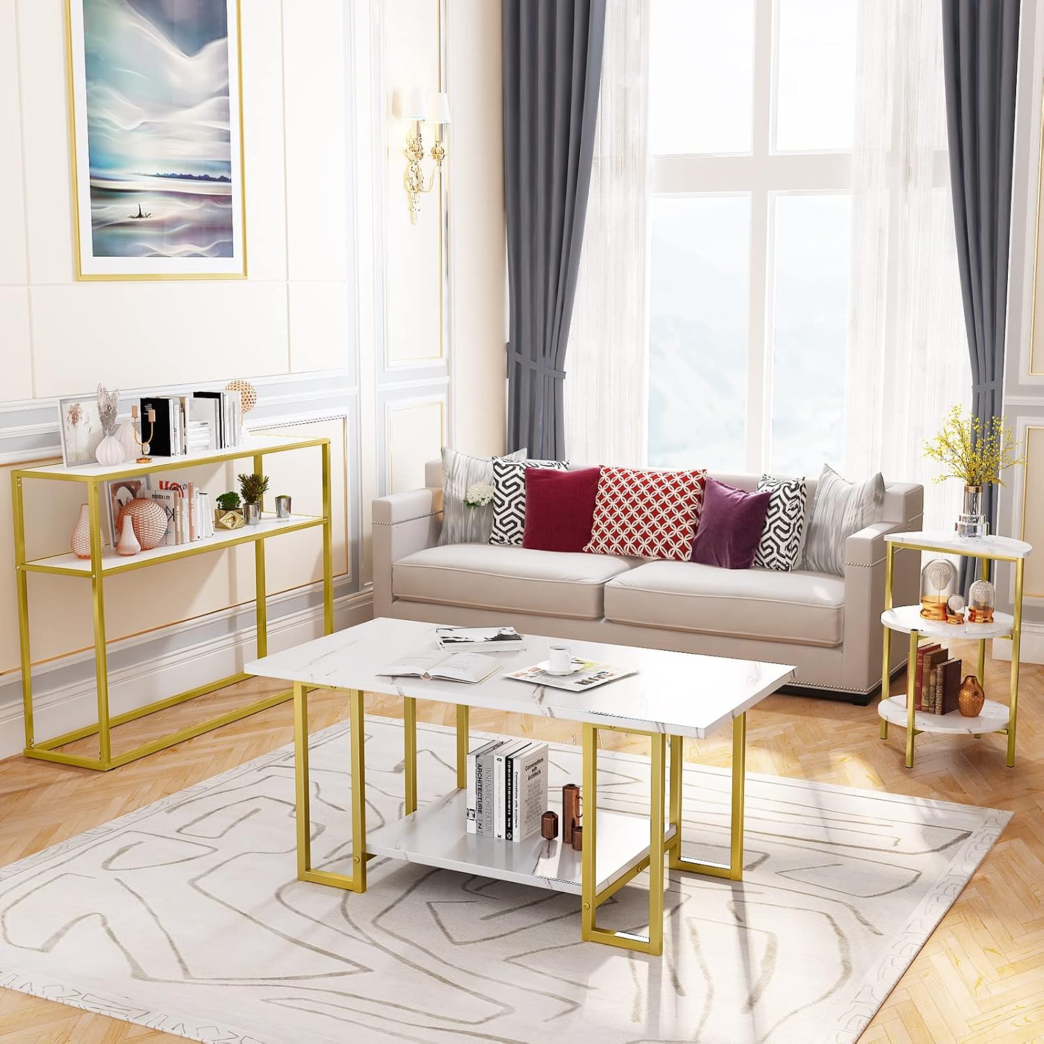 Lamerge Living Room Table Set of 3,Faux Marble Coffee Table & 3-Tier Side Table & Console Tables,Modern Table Set with Gold Metal Frame, White &Gold, Rectangle with Console (LLRT-WG)
