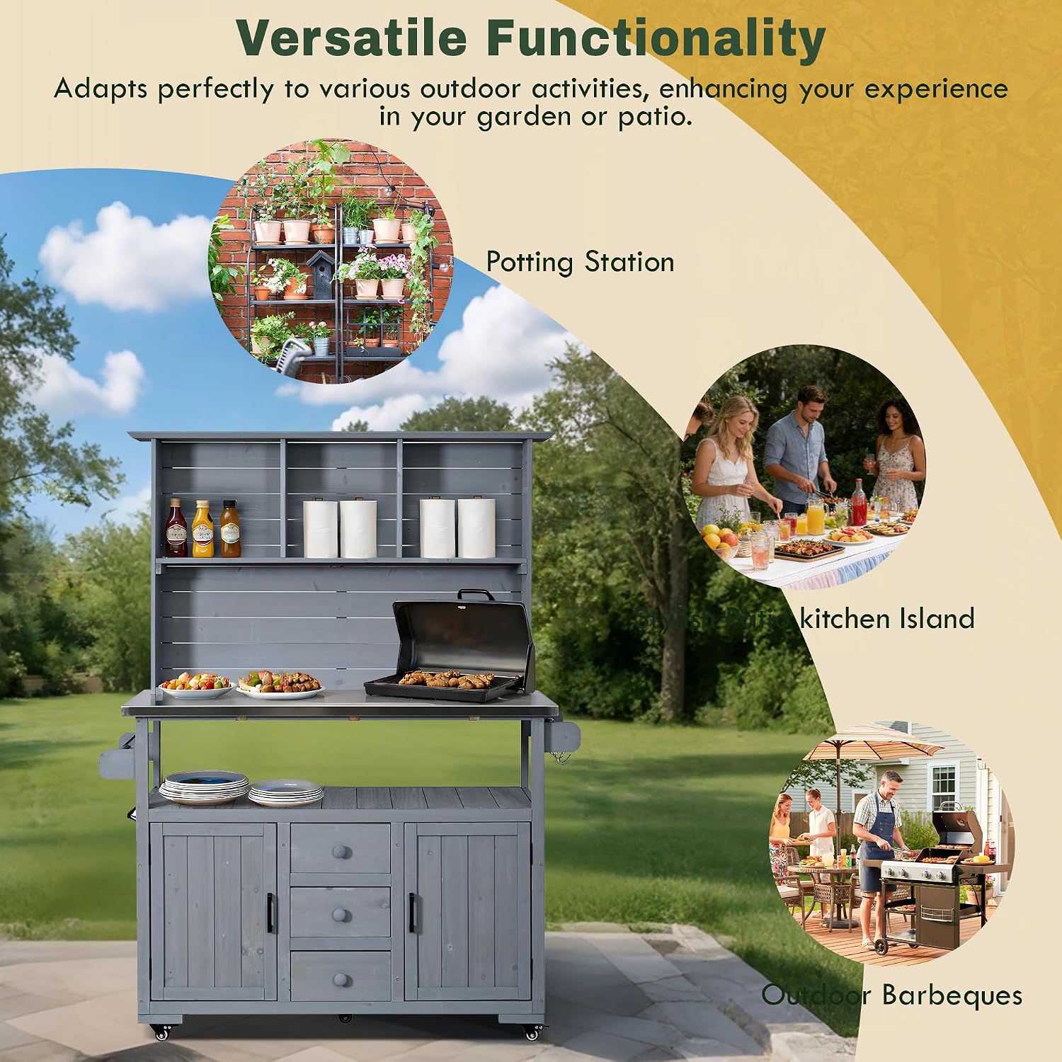 Merax 65''H Large Garden Storage Potting Bench with Lockable Wheels, Wood Outdoor Kitchen Island with Stainless Steel top, Drawers, Door Shelves and Hutch for Grilling, Gray