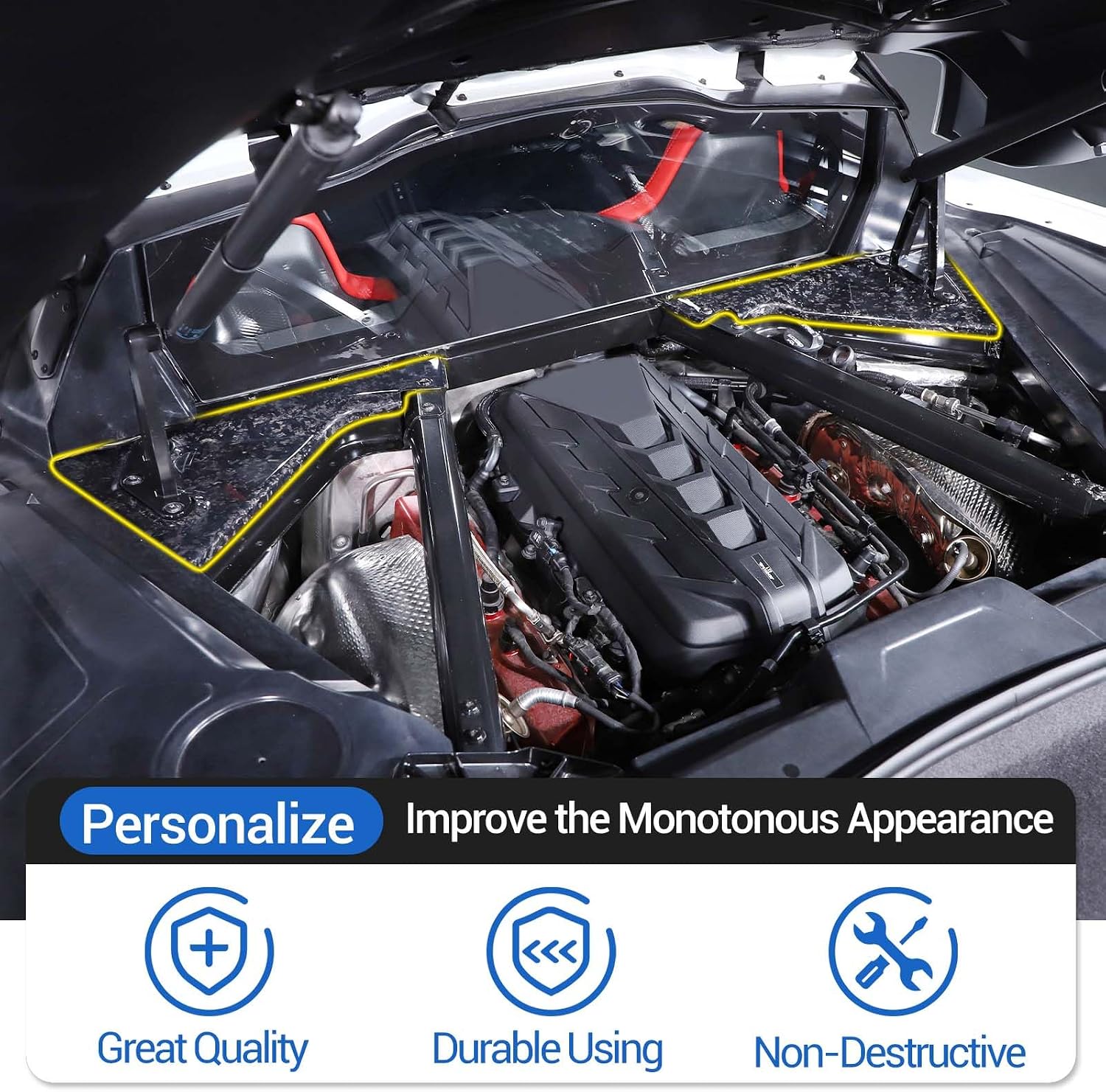 Real Carbon Fiber Engine Bay Panel Cover Compatible with Chevrolet Corvette C8 2020-2026, Front Hood Lift Supports Shock Struts Base Trim Cover Accessories 2Pcs (Forged Grain)