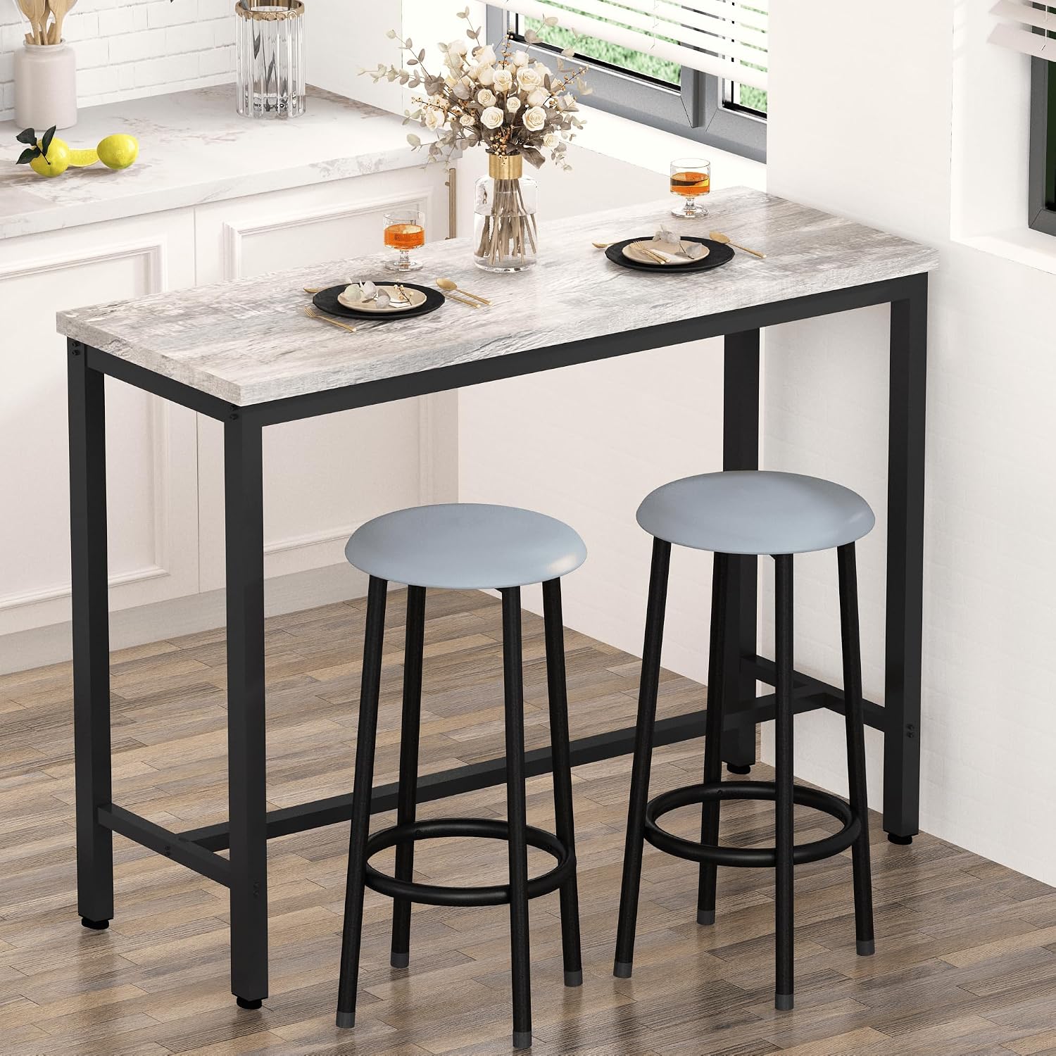 AWQM 39.3' Bar Table Set of 2,Faux Marble Pub Height Table and Chairs Set of 2 with Upholstered Stools,3 Piece Bar Table and Chairs Set Dining Table Set for Living Room,Kitchen,Bar,Grey