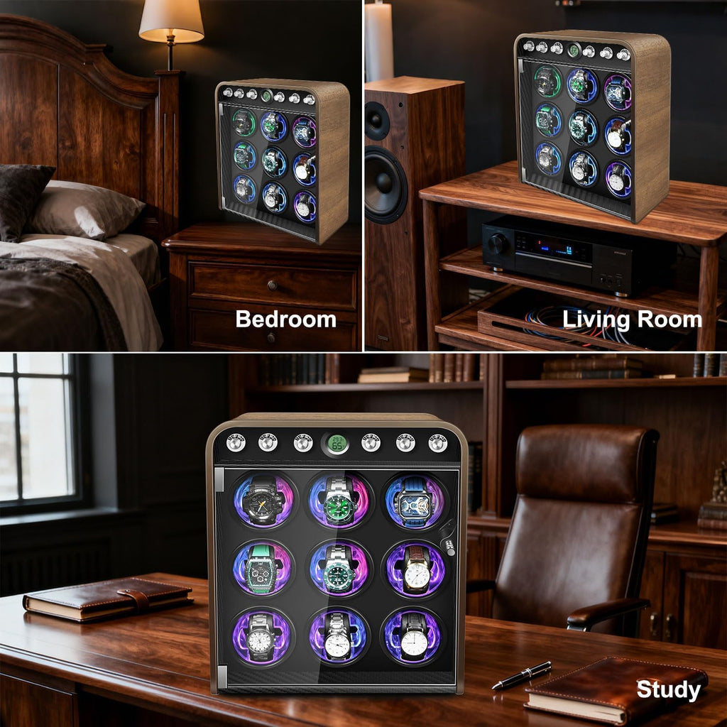 Watch Winder for Automatic Watches, Watch Winders Box 1/2/4/6/9 Slot for Rolex,Silent Motor, 4 Rotation Mode Setting,Built-in led Lights,Gift for Man