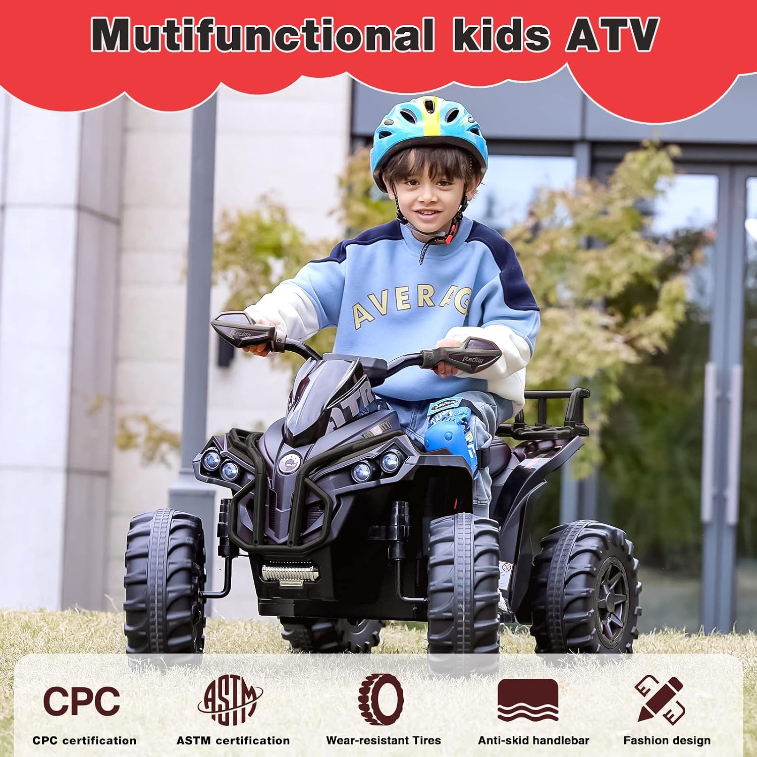 Soar 12V Ride On ATV for Kids Ages 3–6, Electric 4 Wheeler with LED Lights, Music Player, High/Low Speed, USB/TF, Treaded Tires, Black