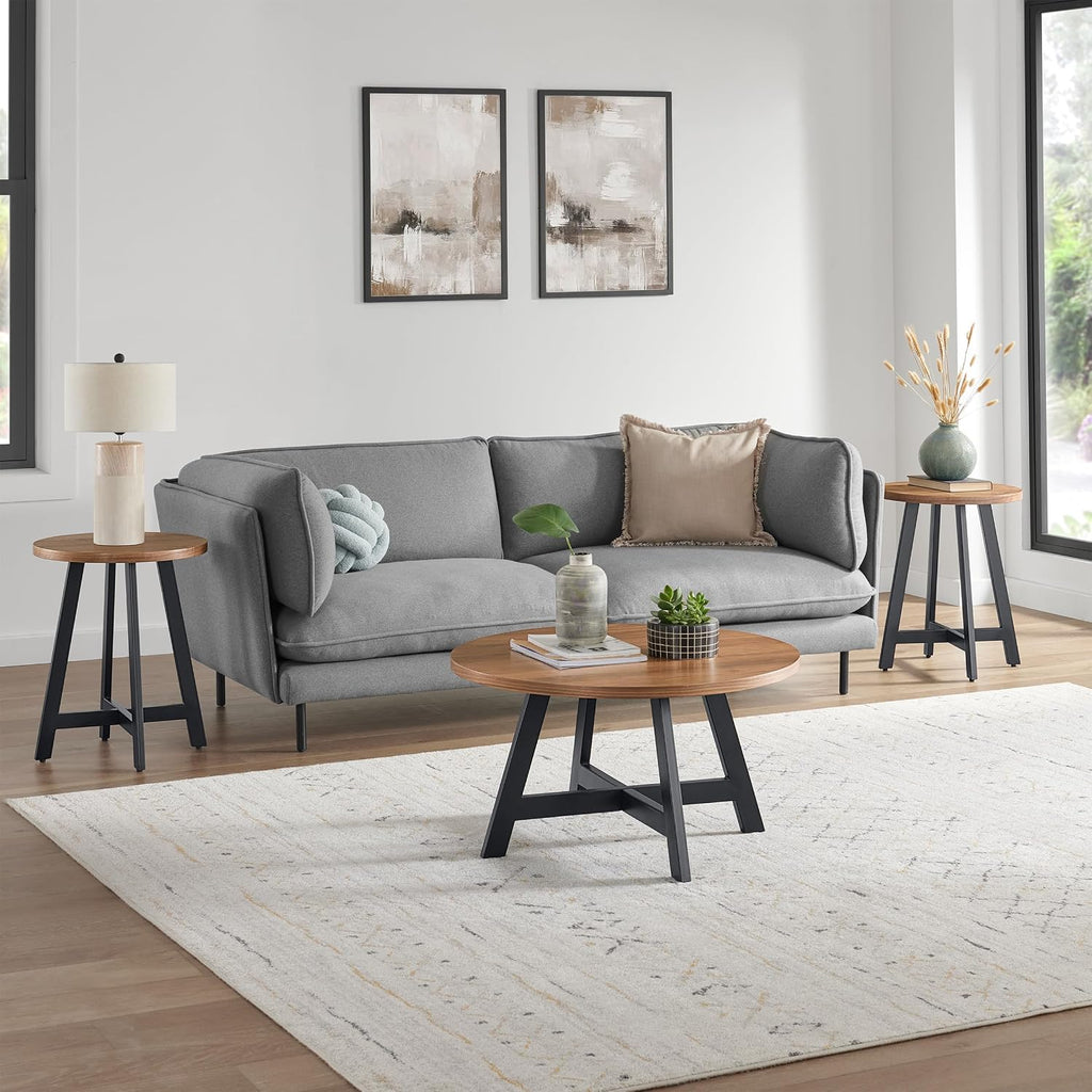Lavish Home 3-Piece Coffee Table Set - Industrial Modern Round Coffee Table and 2 Side Tables - for Living Room, Apartment, or Dorm Room (Walnut)