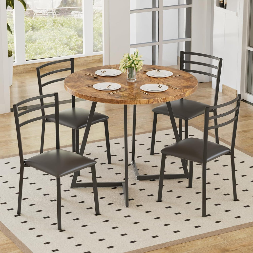 VECELO Round Dining Table Set for 4, Wood Tabletop & Heavy-Duty Steel Frame, 6-Piece Dinette with Chairs for Kitchen, Breakfast Nook, Antique Brown & Black