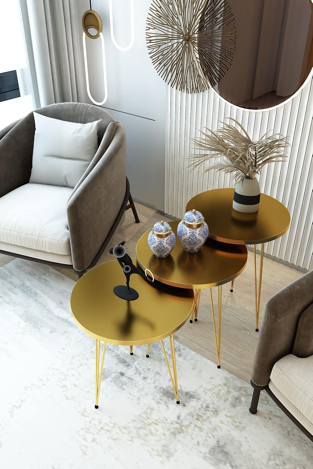 Set of 3 High Gloss Gold Nesting End Tables Round Wood Stacking Coffee Side Accent Table with Metal Legs for Living Room, Home Office, Nightstands for Bedroom