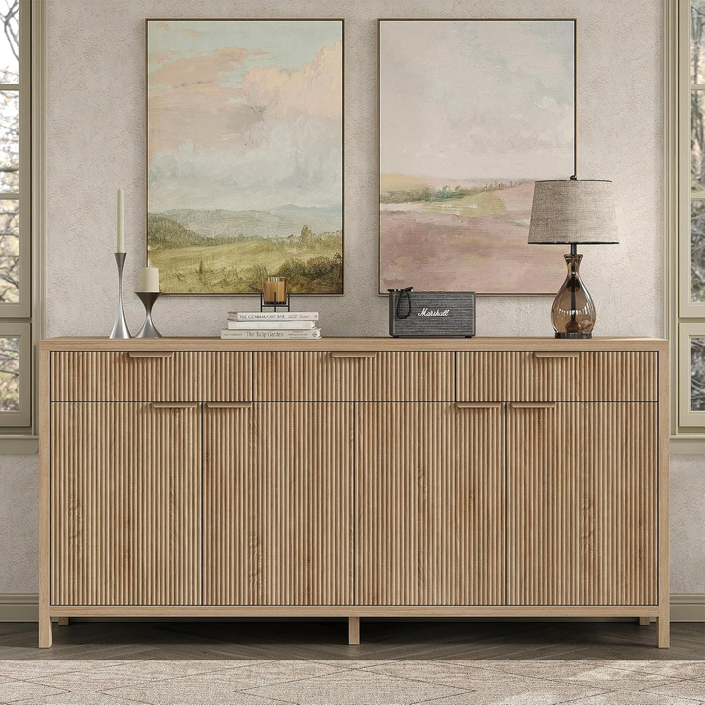 Yanosaku 66' W Fluted Buffet Cabinet, Sideboard Storage Cabinet with 3 Drawers & 2 Cabinets, Mid-Century Coffee Bar Table for Living Room, Dinning Room, Natural