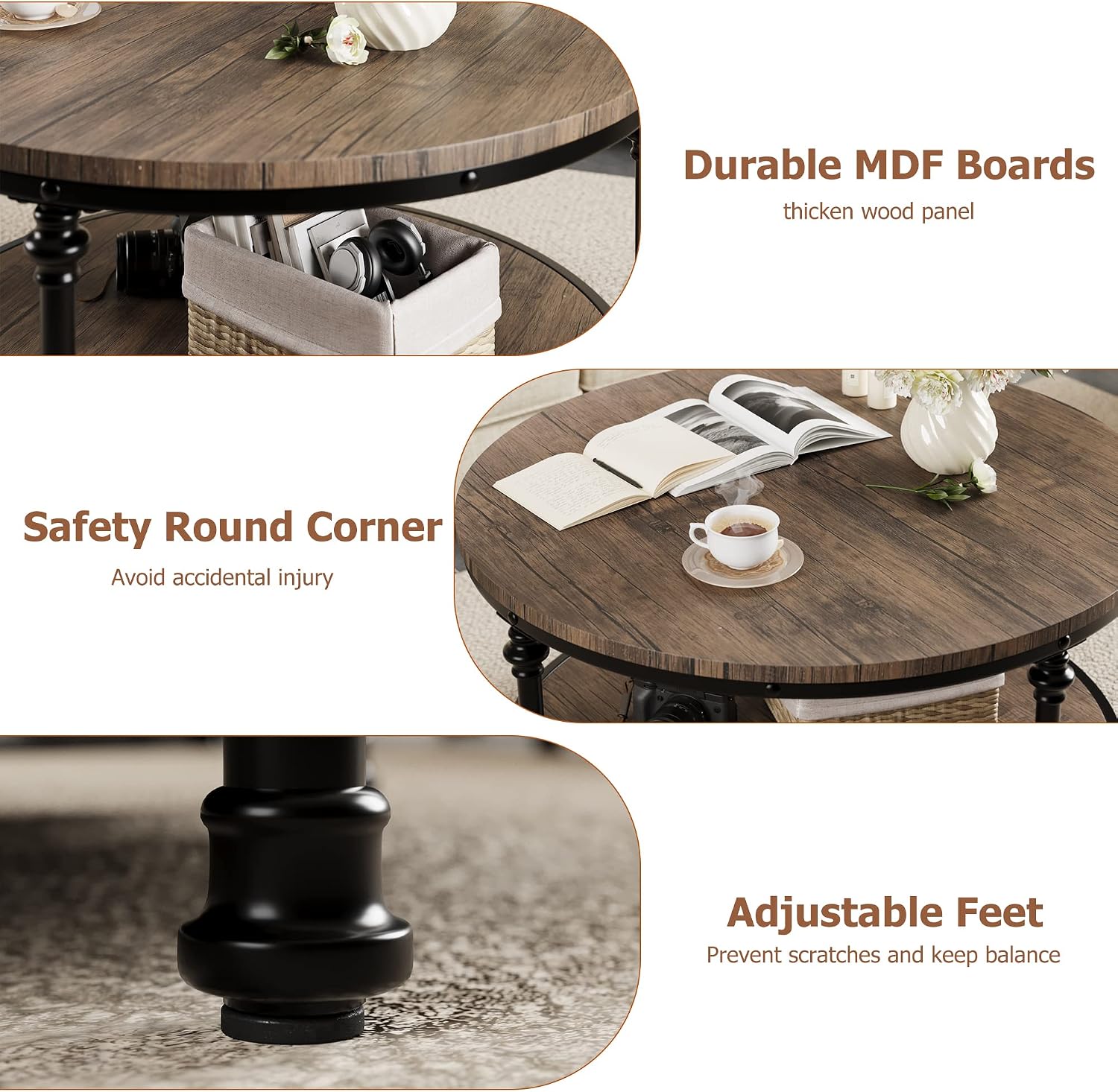 2-Tier Round Coffee Table with Storage Shelf, Rustic Wood and Metal Cocktail Table, Modern Industrial Center Table for Living Room, Apartment, Small Spaces