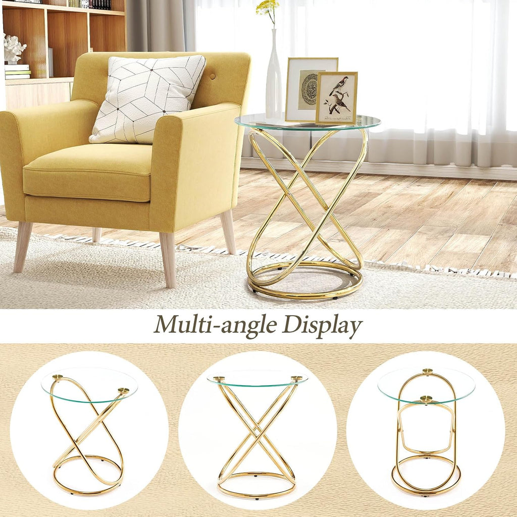 BECHAEO 19.7' Round Glass Gold Side Table Set of 2 with Gold-Plated Metal Ring-Shaped Frame for Living Room, Modern Round Glass End Table Nightstand for Bedroom, Small Side Table for Small Spaces