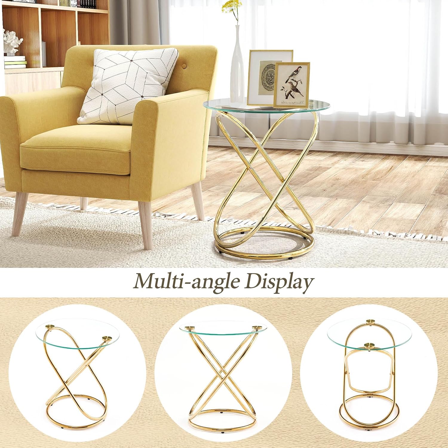 BECHAEO 19.7' Round Glass Gold Side Table Set of 2 with Gold-Plated Metal Ring-Shaped Frame for Living Room, Modern Round Glass End Table Nightstand for Bedroom, Small Side Table for Small Spaces