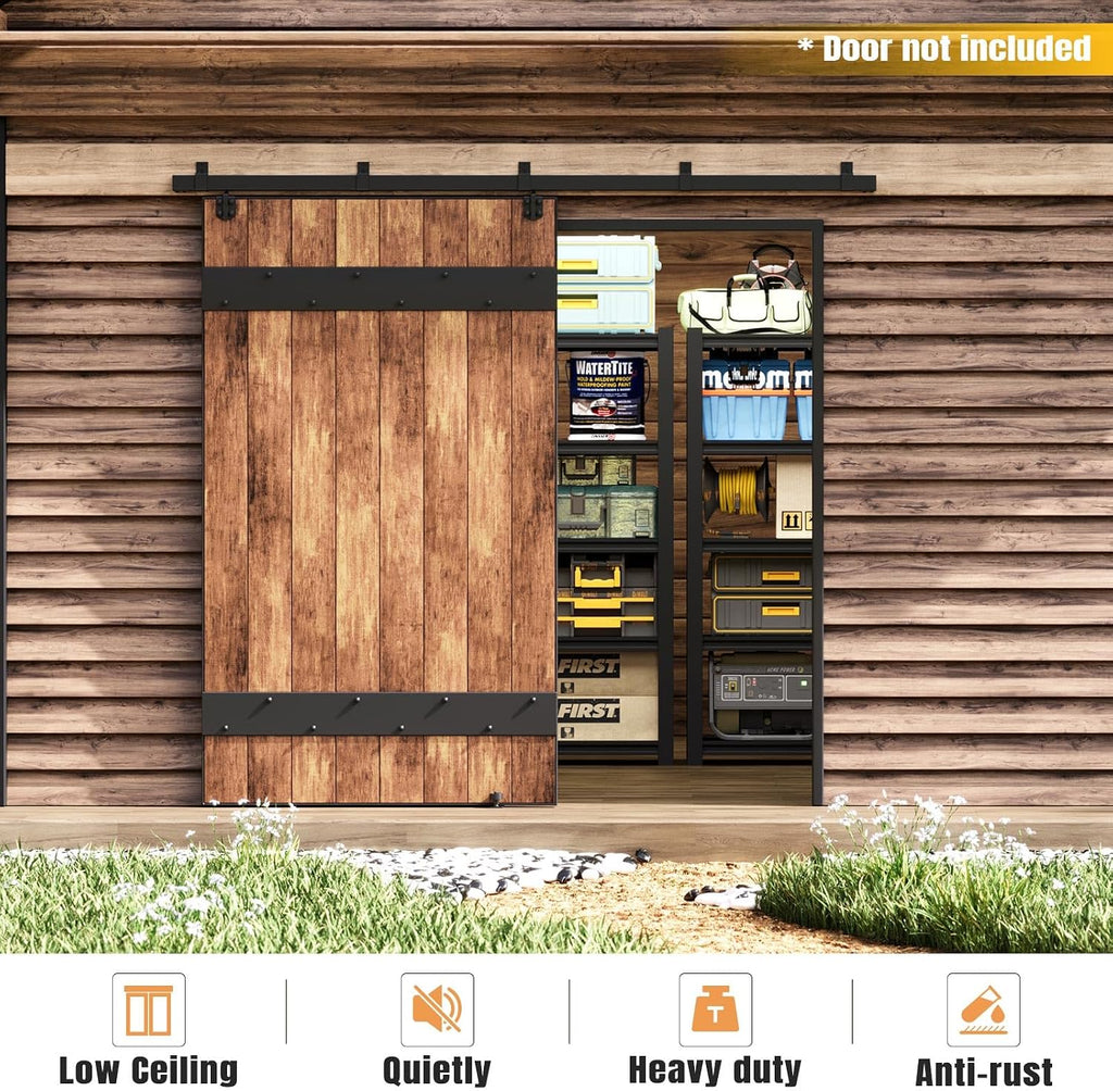 Easelife 8FT Exterior Sliding Barn Door Hardware Kit, Box Rail Track, 450lb Capacity, Black Weather-Resistant Steel, Wall Mount System for Outdoor Use, Fit Single 48in Door