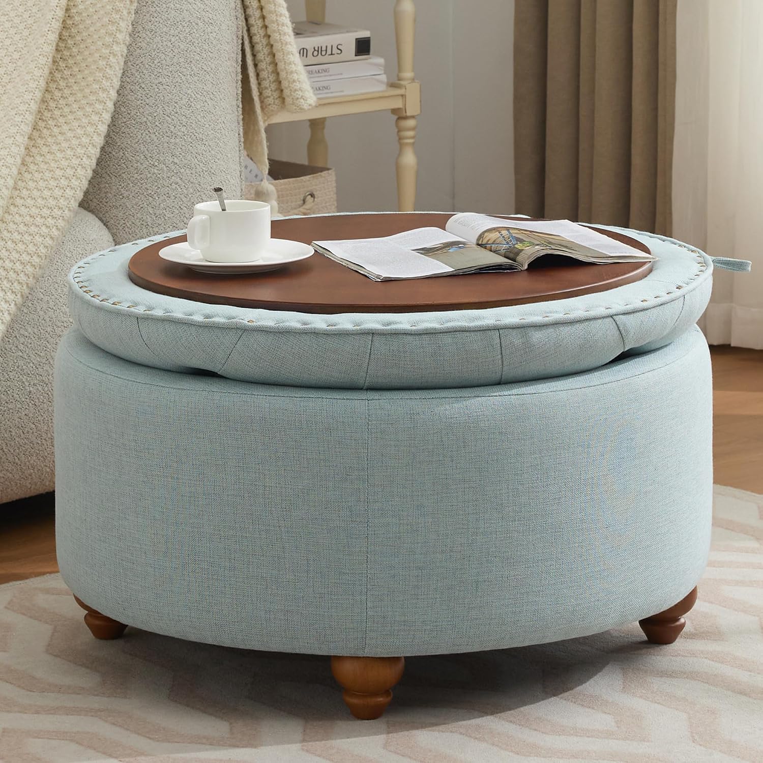 WUTUTUEE 30Inch Round Storage Ottoman with Tray, Modern Tufted Fabric Circle Coffee Table with Storage, Upholstered Ottoman with Removable Top for Living Room, Bedroom, Light Blue