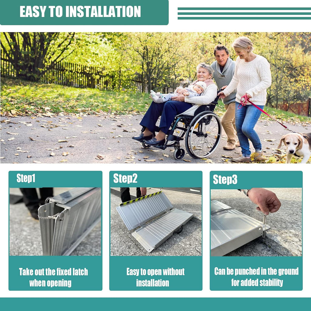 Non-Skid Folding Portable Wheelchair Ramp for Home Steps Stairs Doorways Scooter Lawn Mower, Handicap Ramp, Threshold ramp, Moving ramp (Single, 4 Foot)