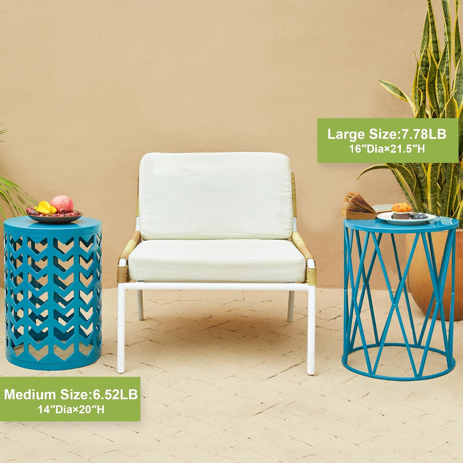 Nesting Side Table Set of 3 Decorative Round Garden Stools for Indoor Outdoor Heavy Duty Metal Frame Side Table Nightstands Modern End Table Plant Stand, Blue