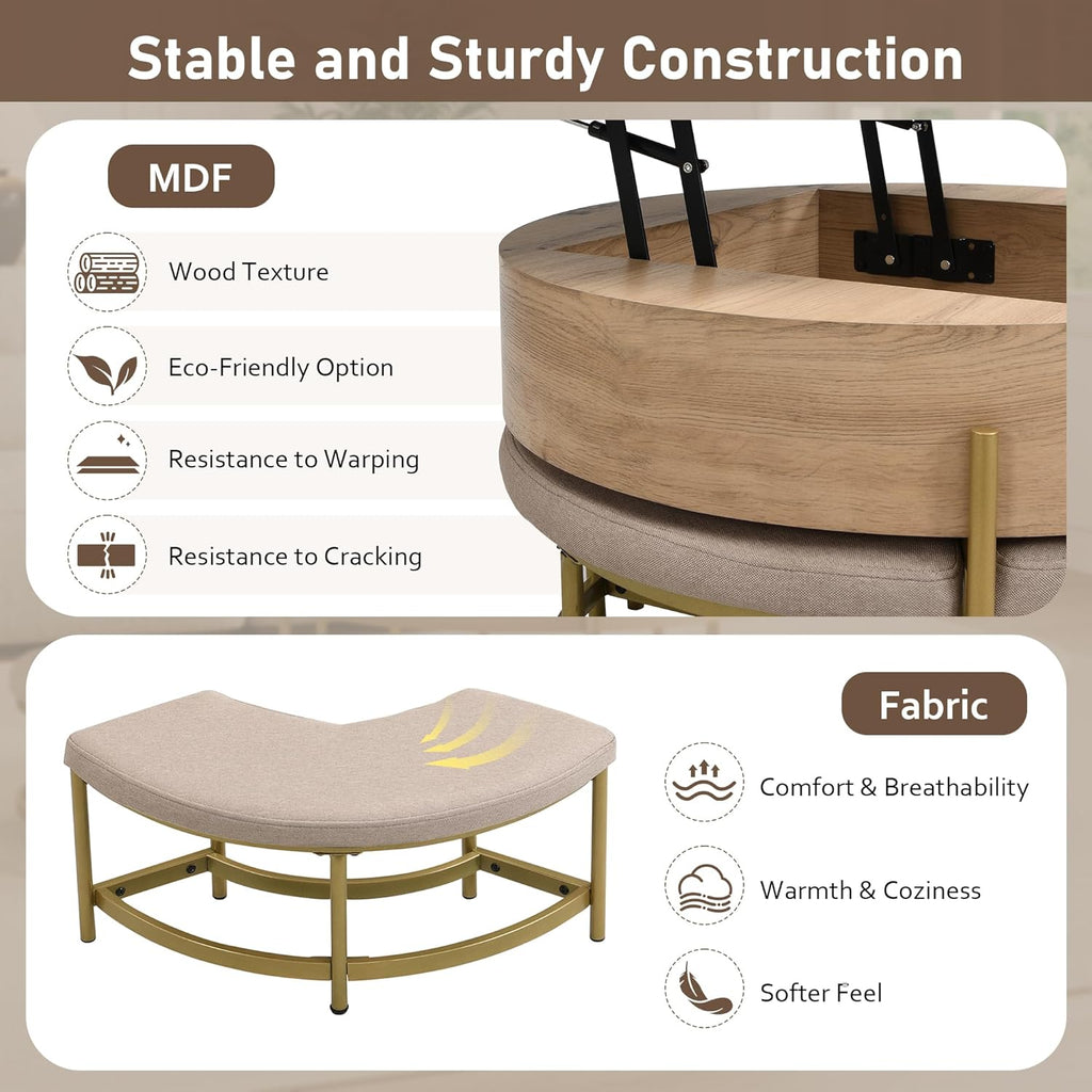 31.5' Modern Round Lift-Top Coffee Table with Storage & 3 Ottoman,White & Natural