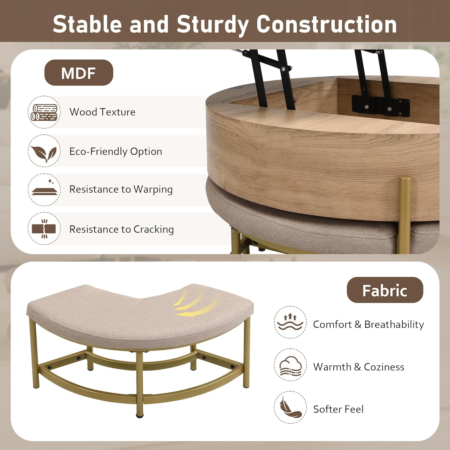 31.5' Modern Round Lift-Top Coffee Table with Storage & 3 Ottoman,White & Natural