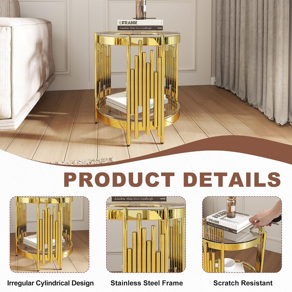 3 Piece Living Room Table Set with 1 Glass Coffee Table and 2 End Tables, 2 Tier Glass Coffee Table Set of 3 with Round Stainless Steel Legs and Tempered Glass Top, Gold/Clear